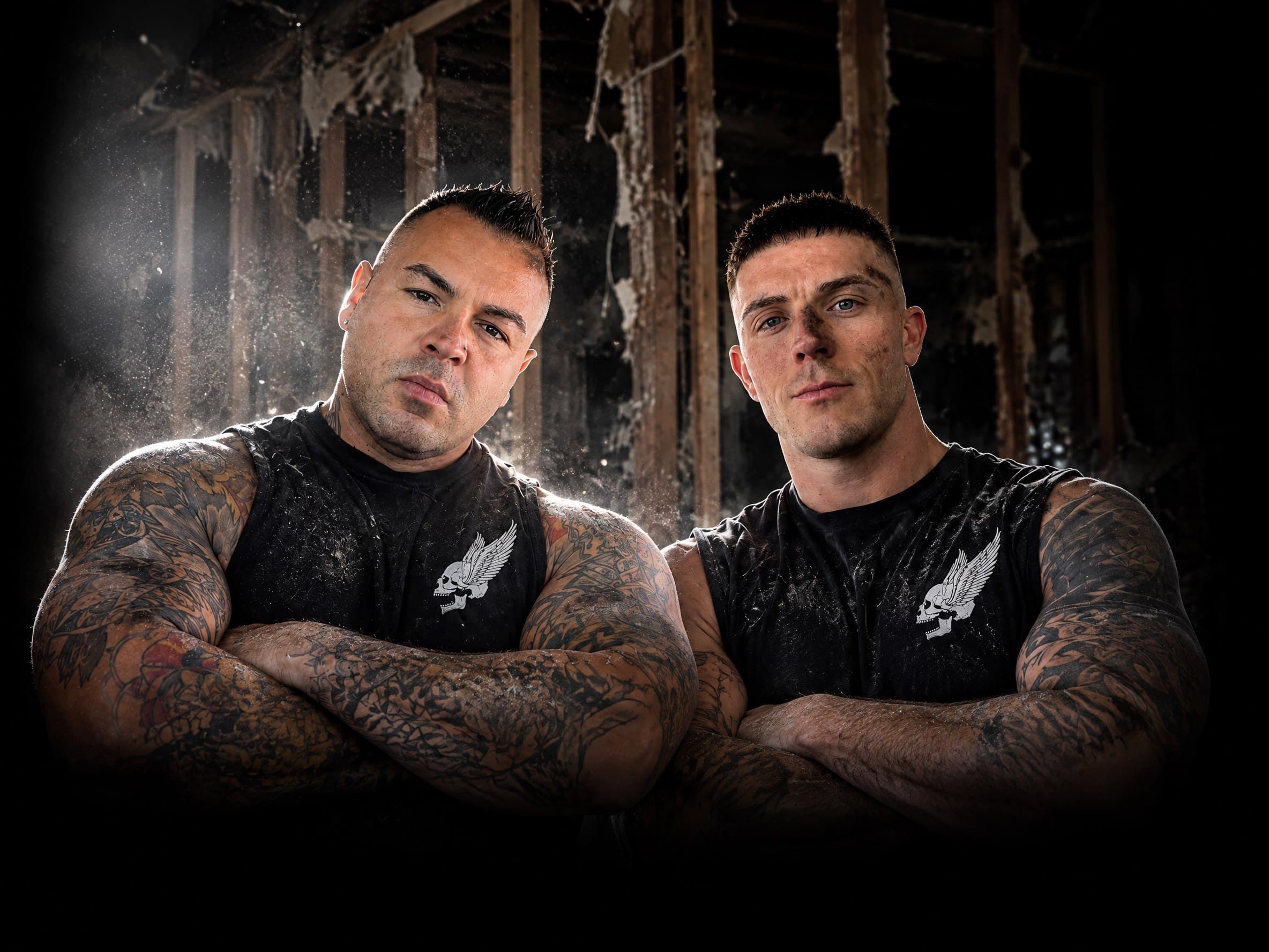 The Demo Boyz, arms crossed in a gutted room.