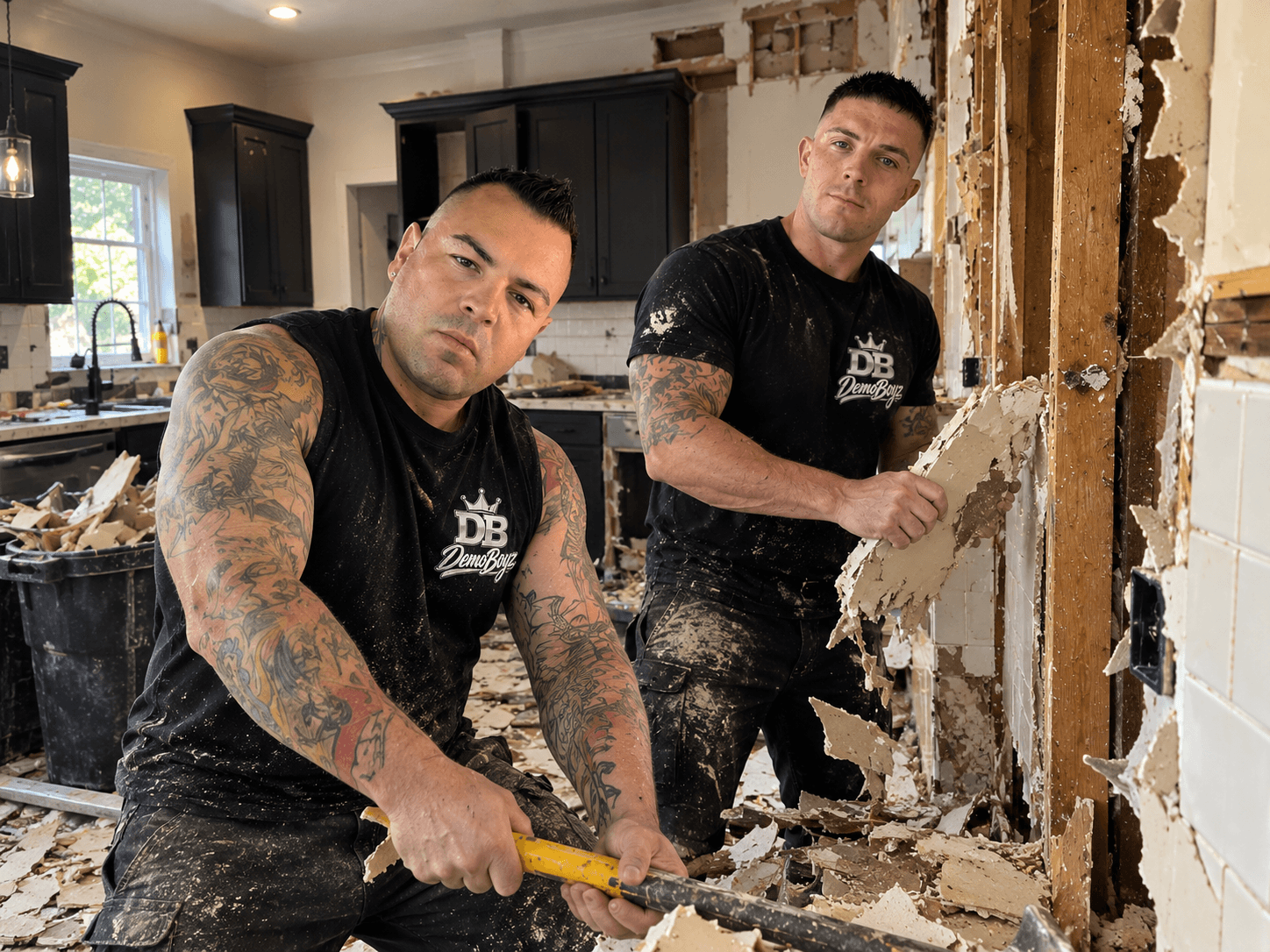 Demo-Boyz crew gutting a kitchen, pry bar in hand and drywall coming off the wall.